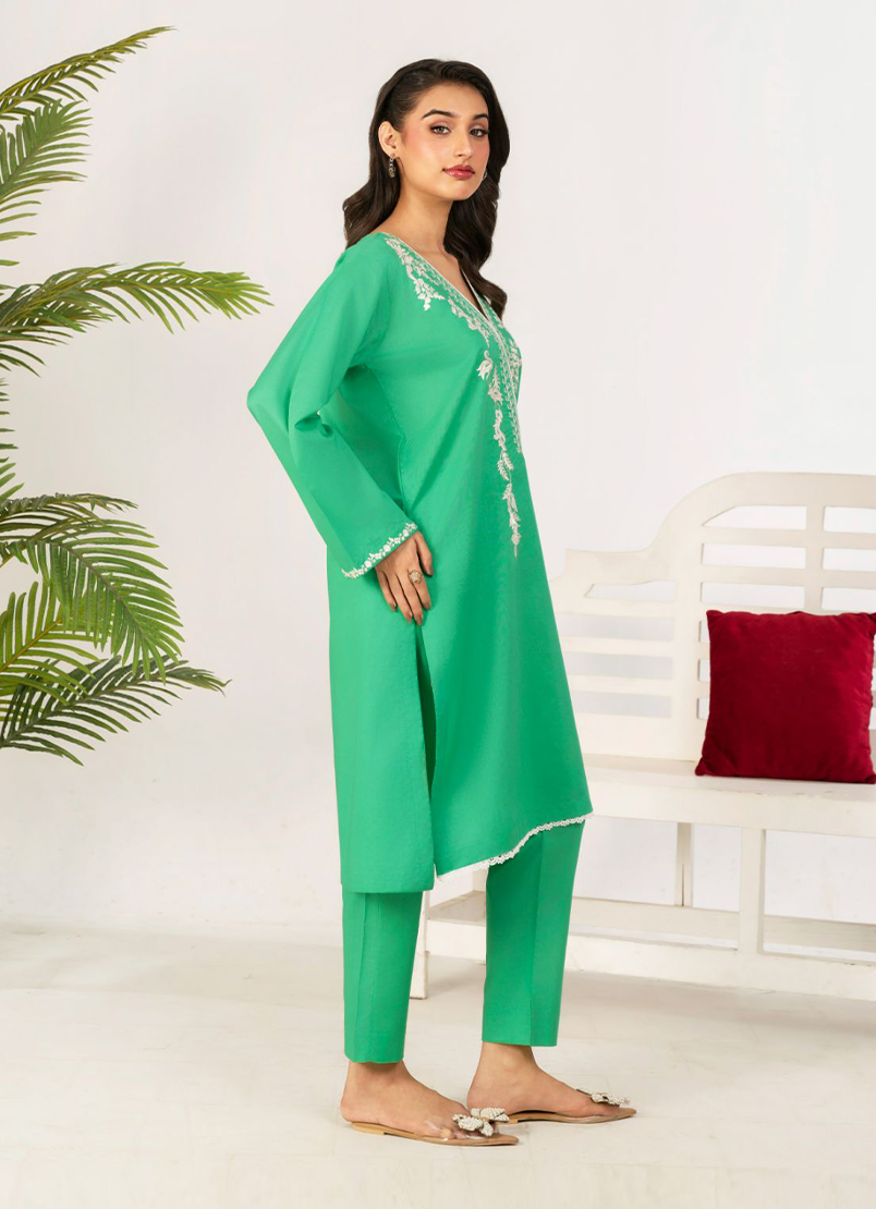2 PC Embroidered Parrot Green Suit