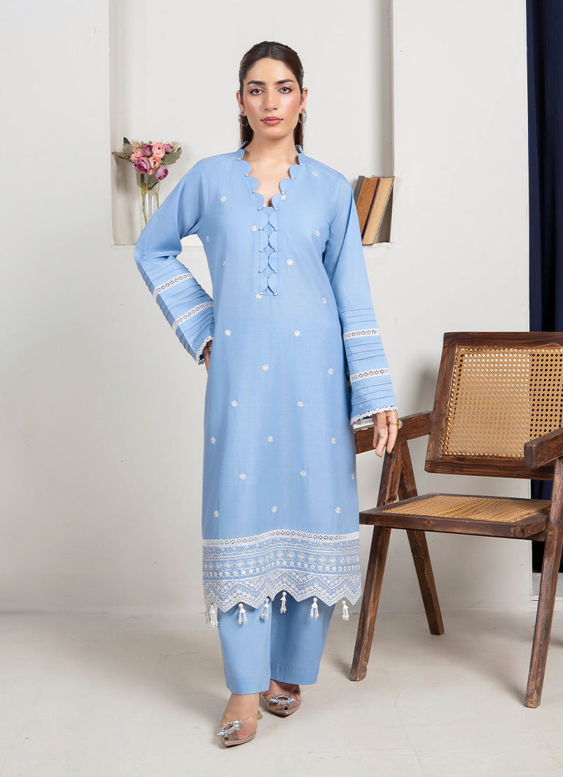 2 PC Embroidered Sky Blue Suit