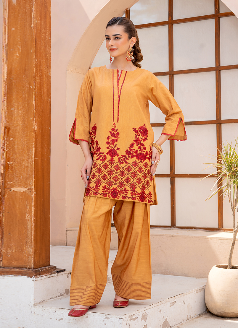 Mustard Red Stripe Embroidery