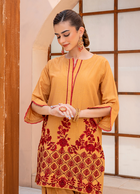 Mustard Red Stripe Embroidery 1 PC Shirt