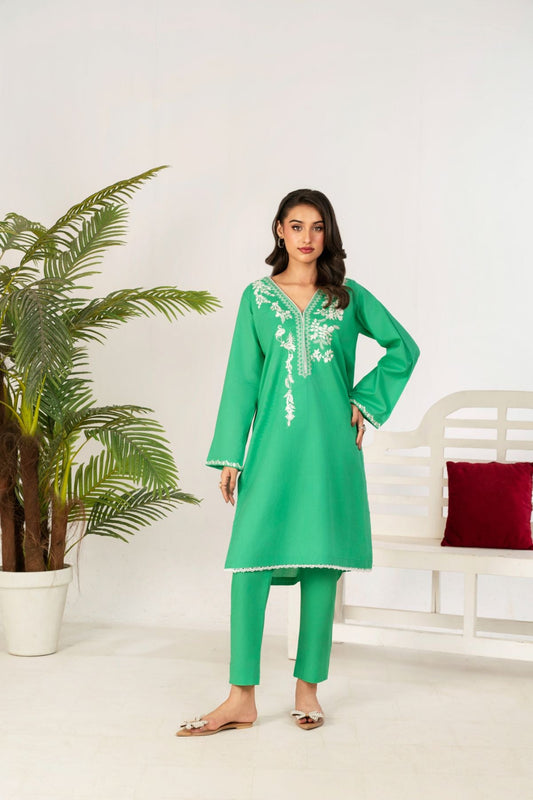 2 PC Embroidered Parrot Green Suit