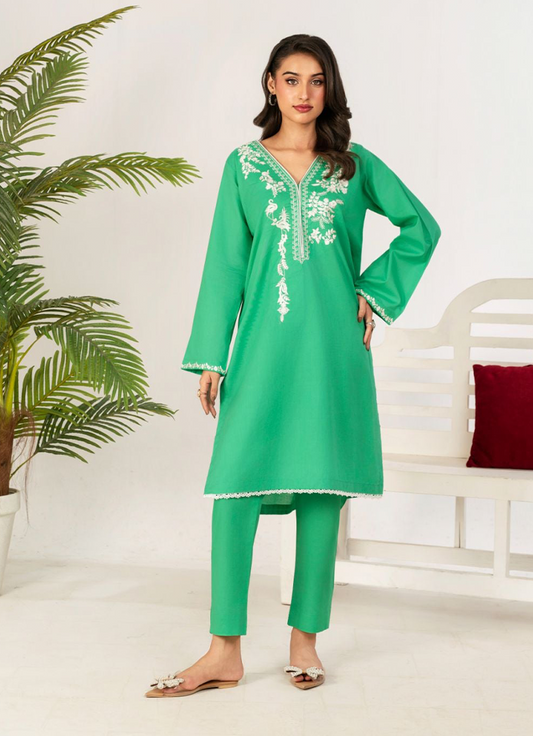 2 PC Embroidered Parrot Green Suit