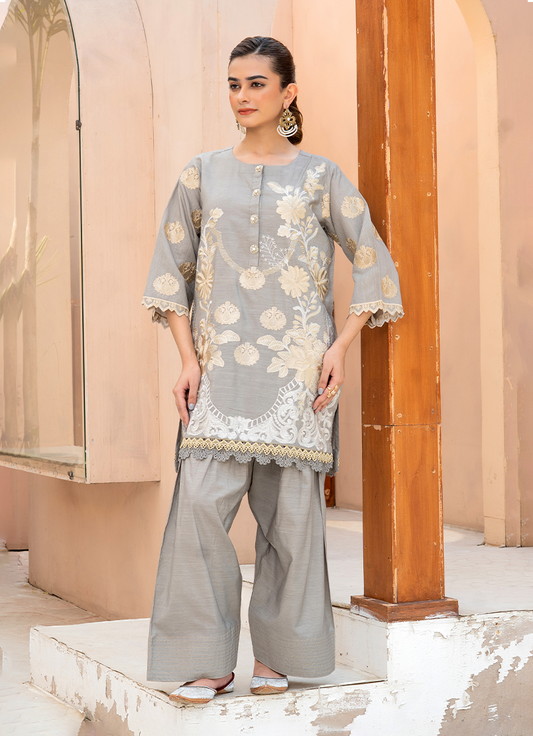 Floral Gray Gold Embroidery