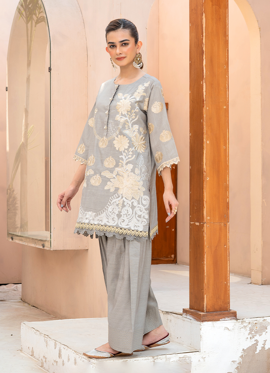 Floral Gray Gold Embroidery