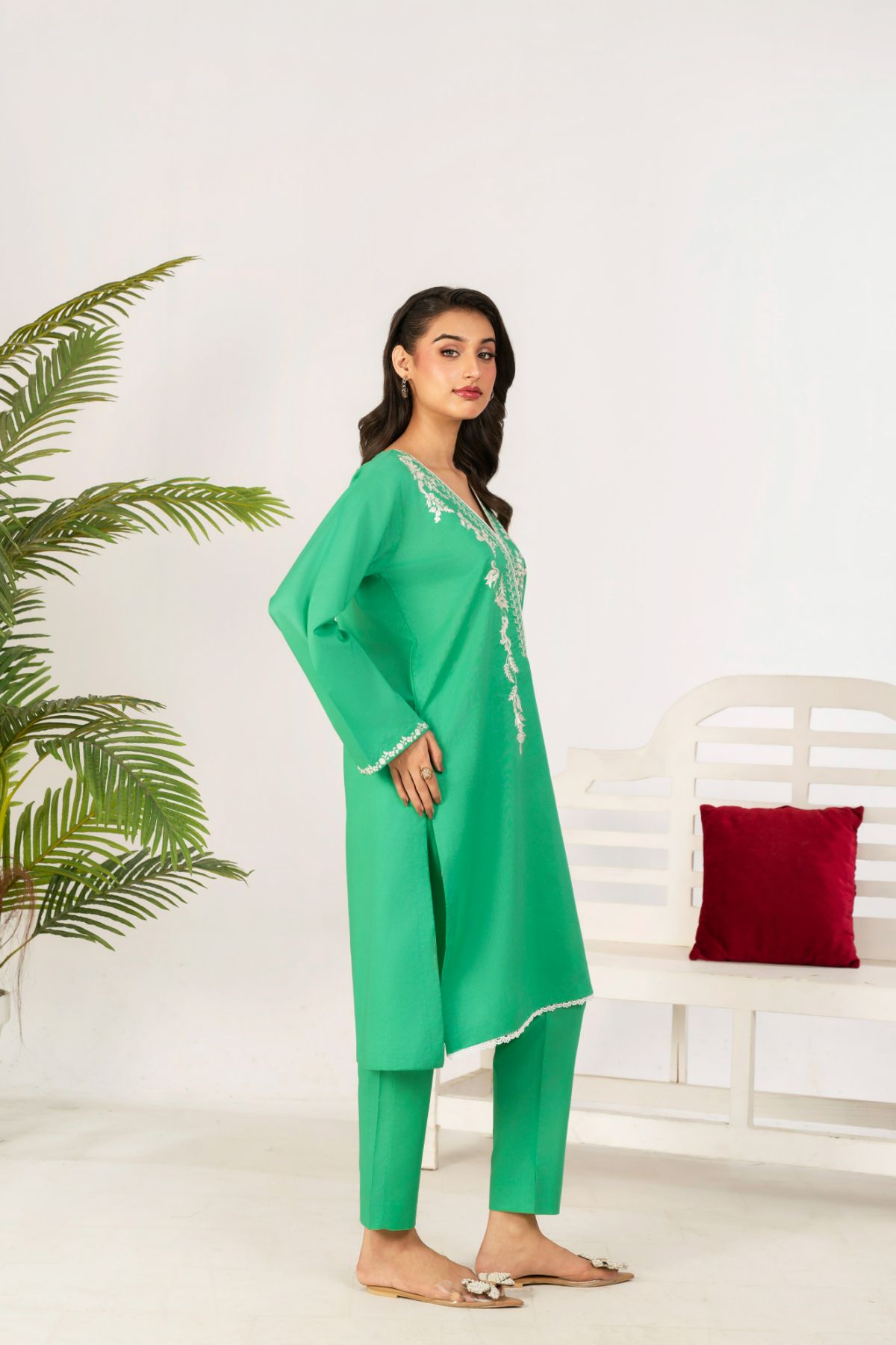 2 PC Embroidered Parrot Green Suit