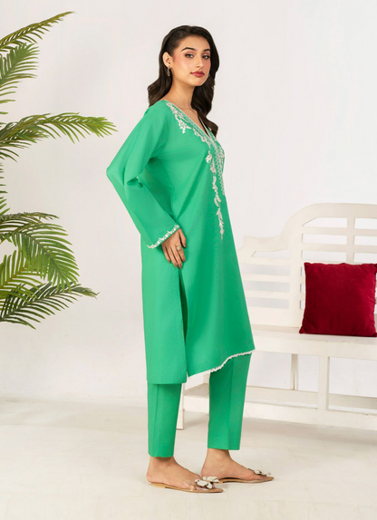 2 PC Embroidered Parrot Green Suit