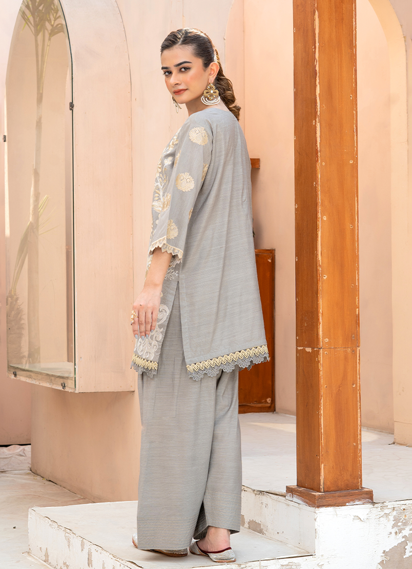 Floral Gray Gold Embroidery
