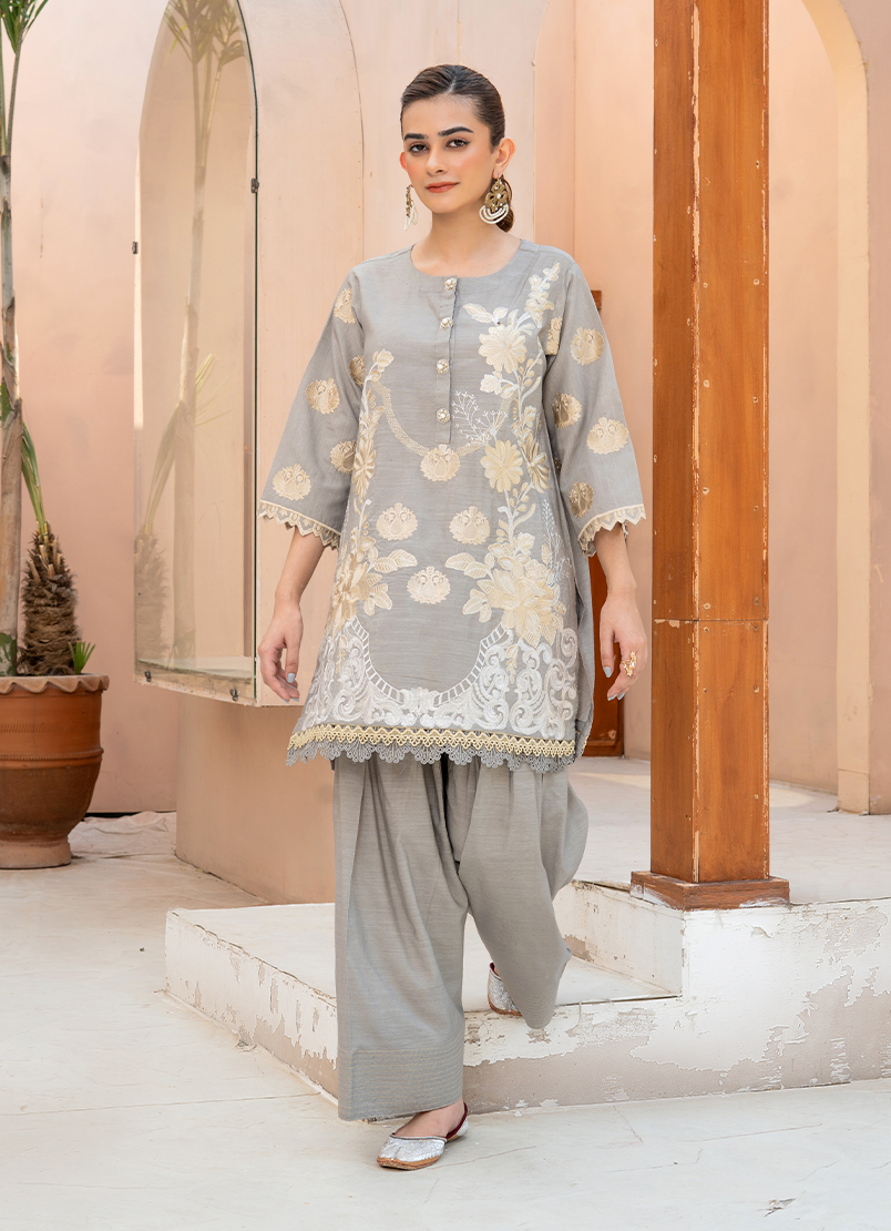 Floral Gray Gold Embroidery