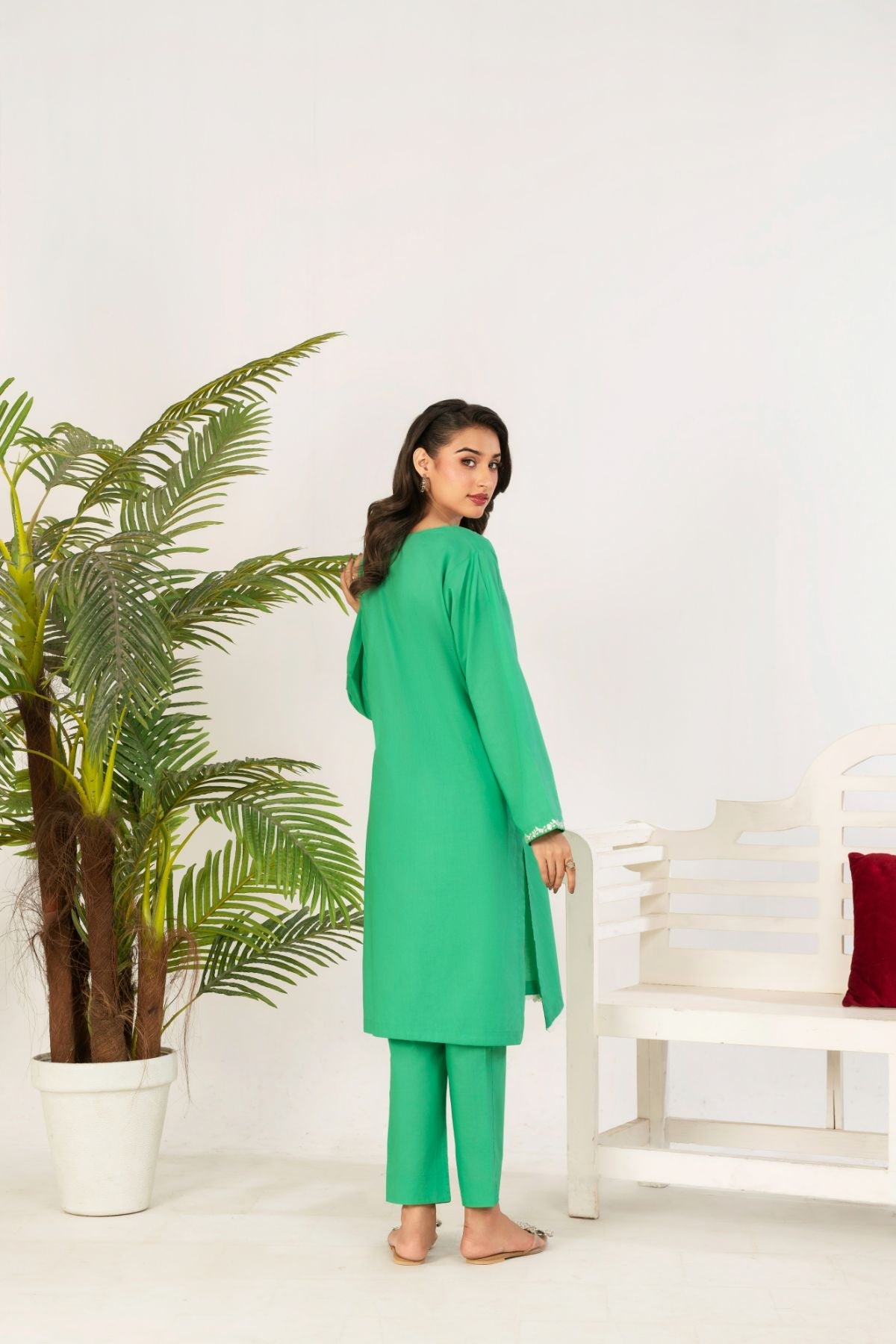 2 PC Embroidered Parrot Green Suit