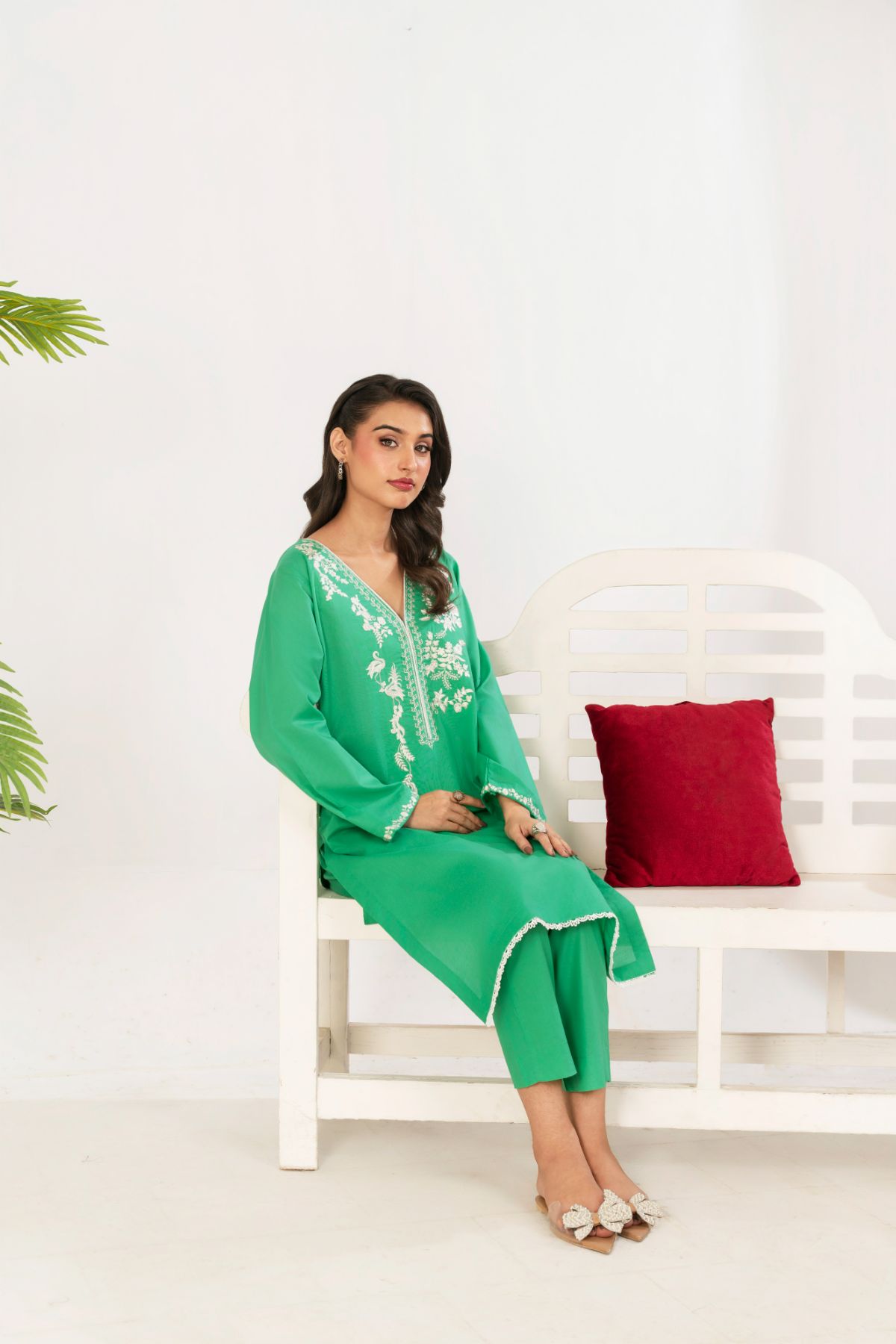 2 PC Embroidered Parrot Green Suit