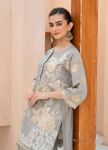 Floral Gray Gold Embroidery