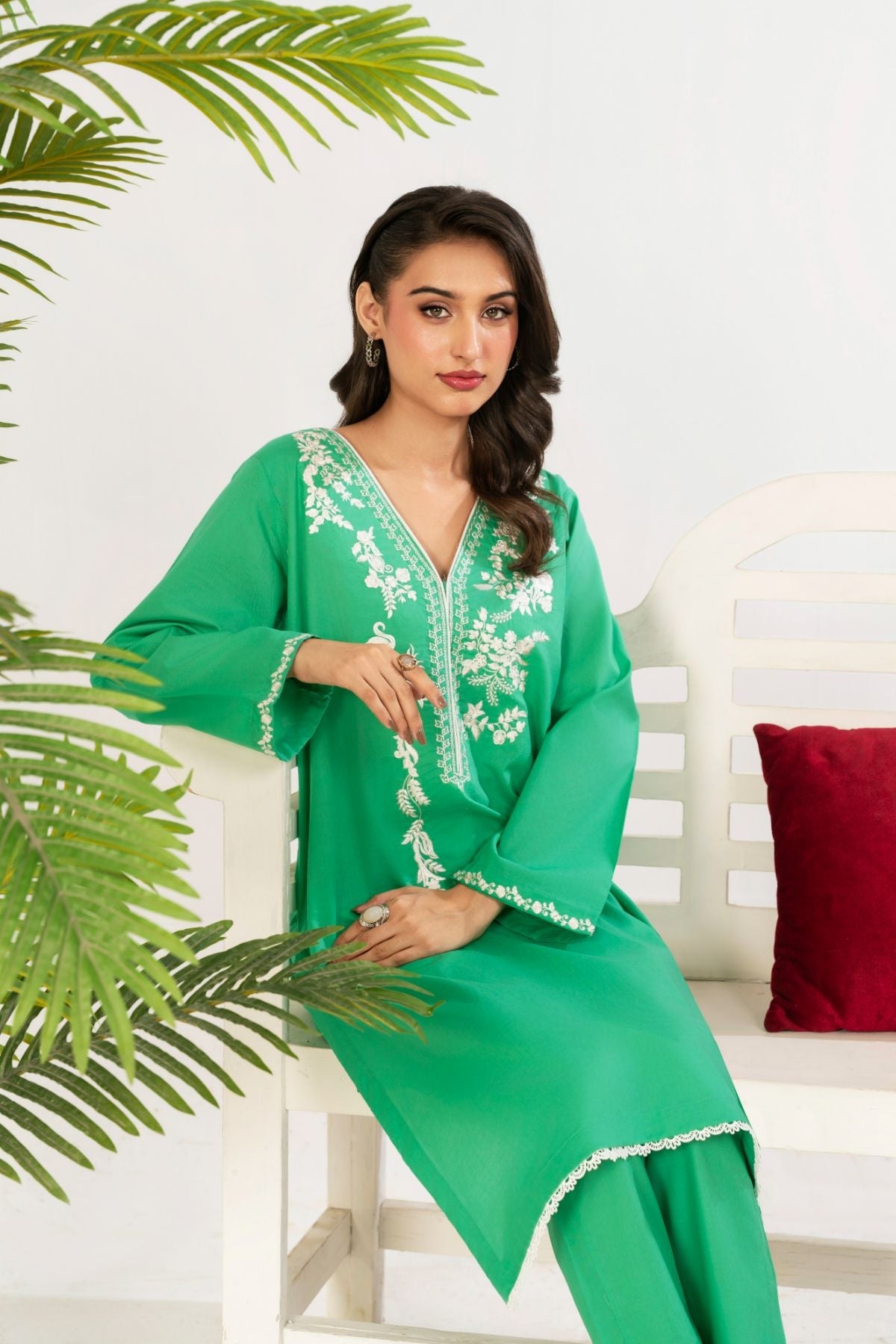 2 PC Embroidered Parrot Green Suit