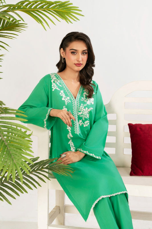 2 PC Embroidered Parrot Green Suit