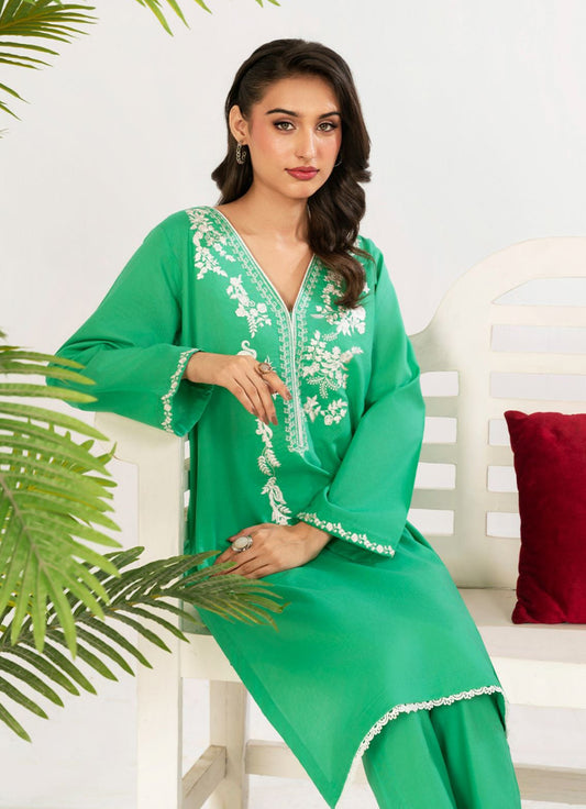 2 PC Embroidered Parrot Green Suit
